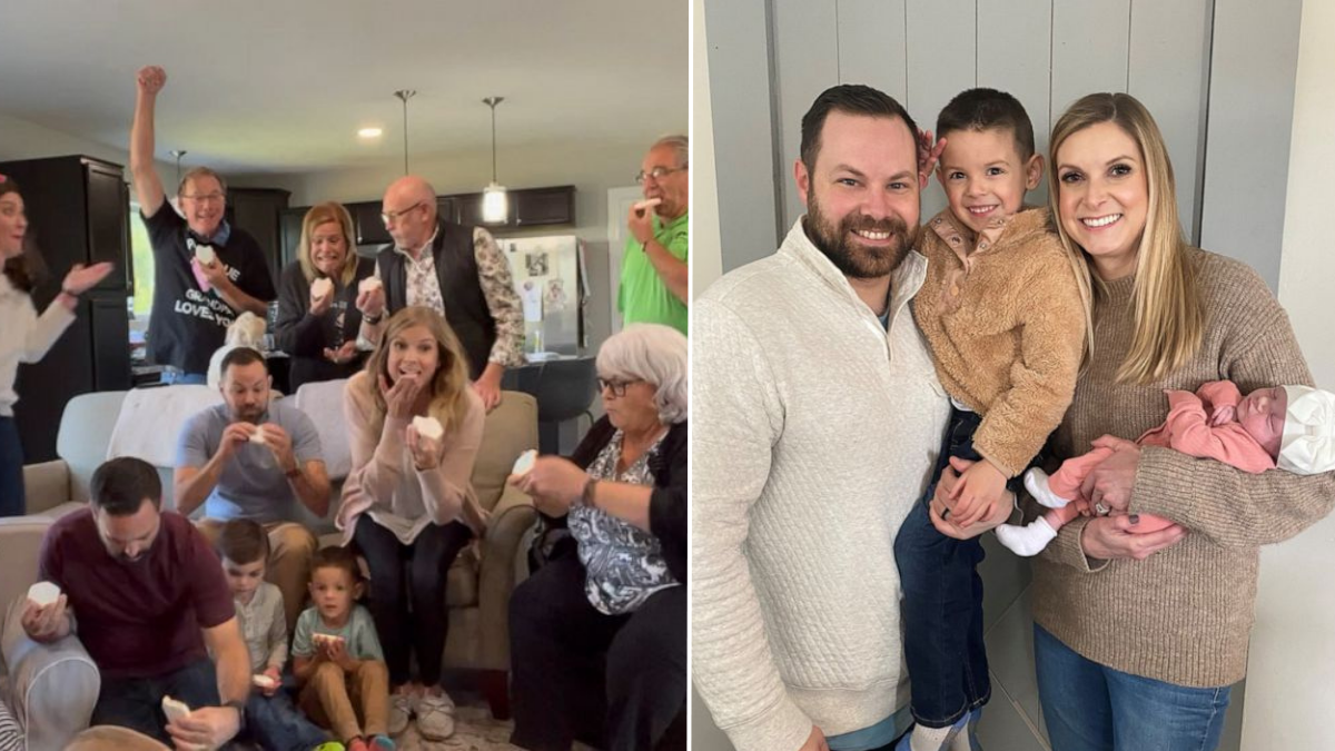 family at gender reveal party and a man holding a little boy and a woman holding a baby girl