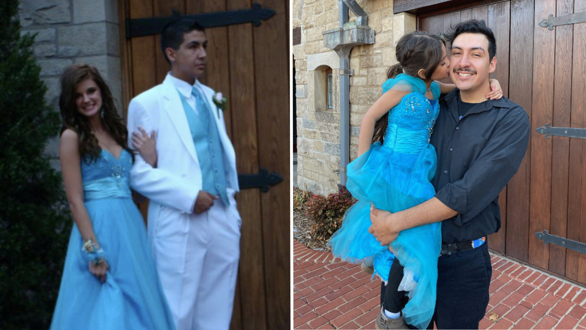 woman and her prom date and a little girl wearing a blue dress kissing her father