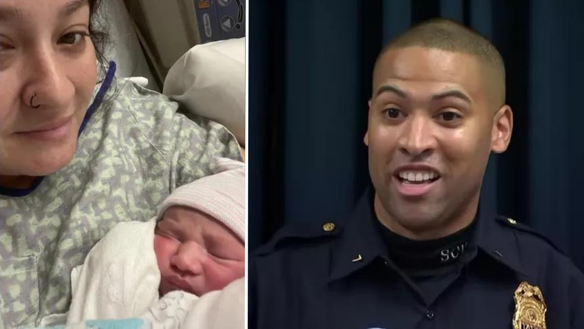 woman with a newborn baby and a police officer