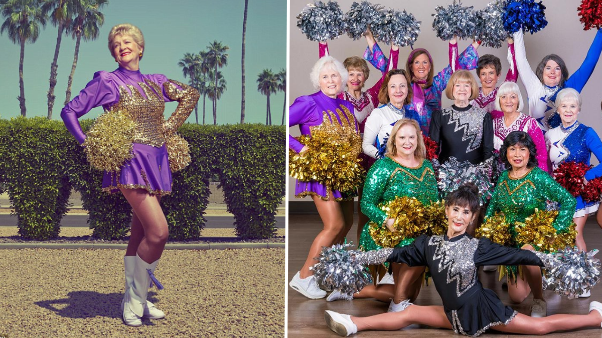 elderly woman wearing a purple cheerleading outfit and a group of cheerleaders
