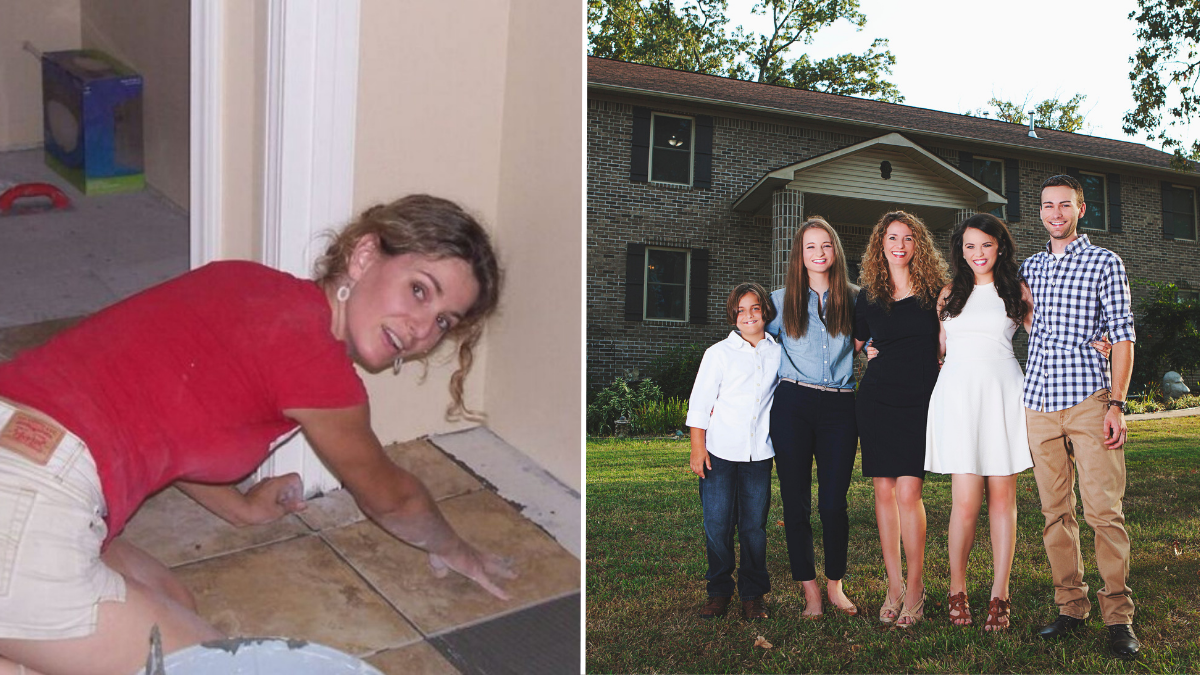 woman in a red shirt working on the floor and a mom and her 4 children in front of a house