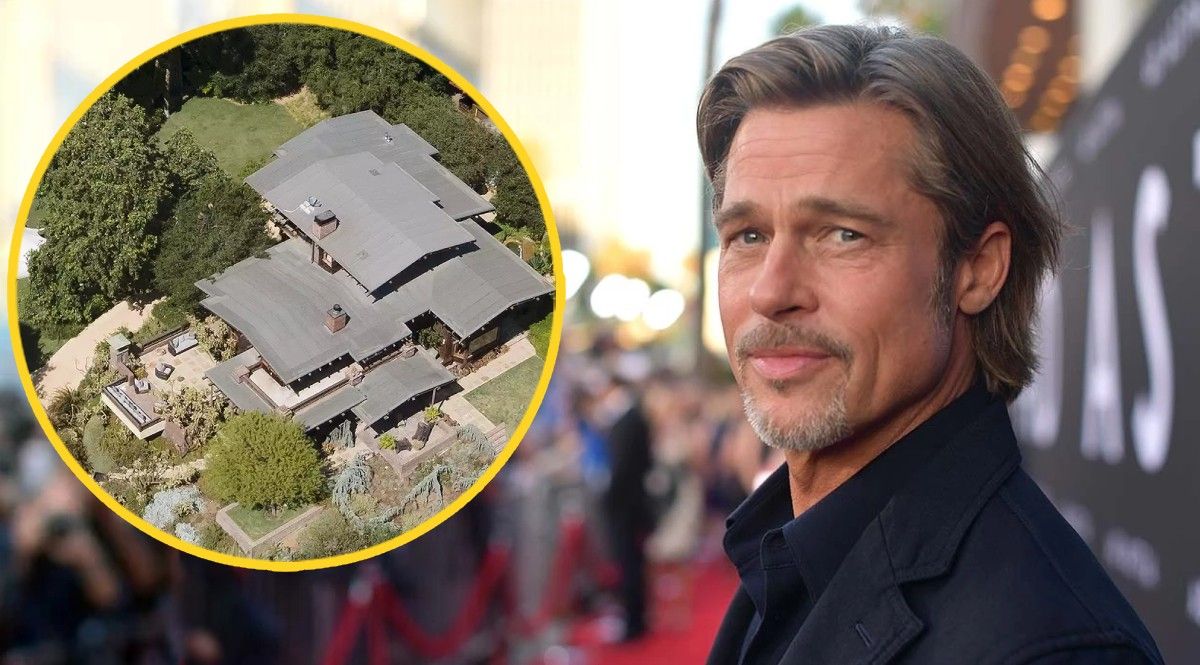 Brad Pitt in black jacket next to an image of the house he purchased.