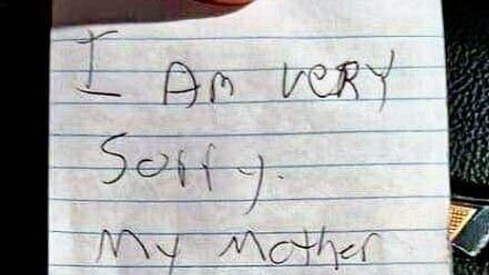 a handwritten note with the words "i am very sorry, my mother.." on it