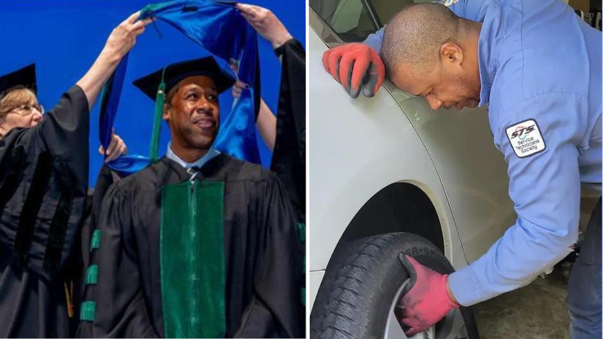 man graduating on stage and a man changing a tire of a car