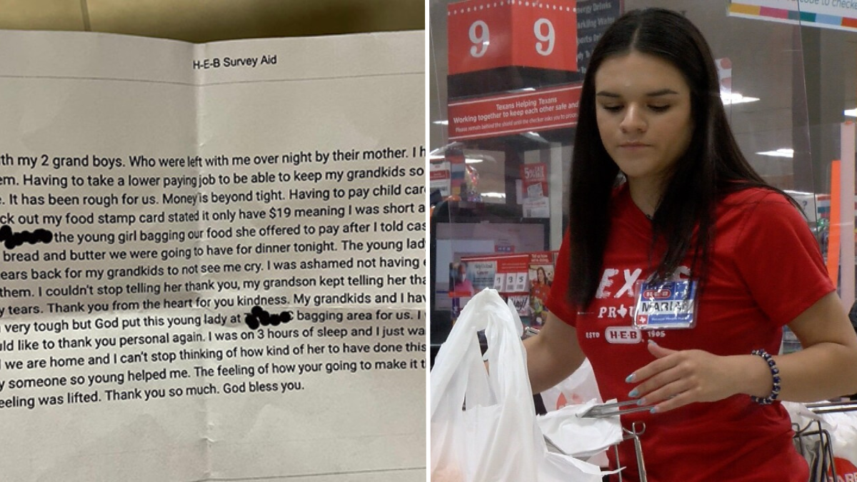 a printed survey and a cashier wearing a red shirt bagging groceries