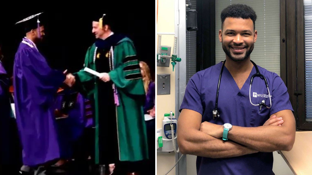 man graduating on a stage and a nurse