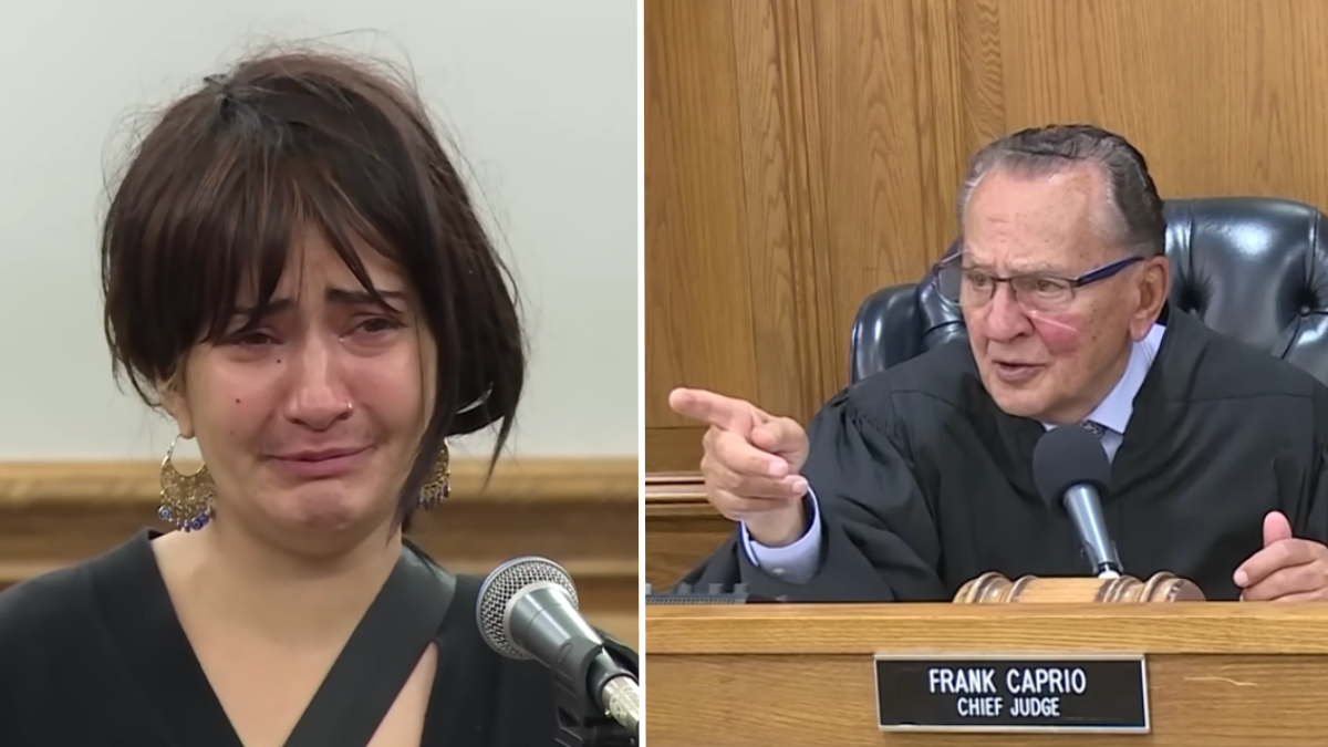 woman crying and a judge