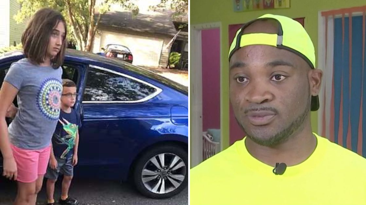 two kids standing in front of a blue car and a man in a lime green shirt