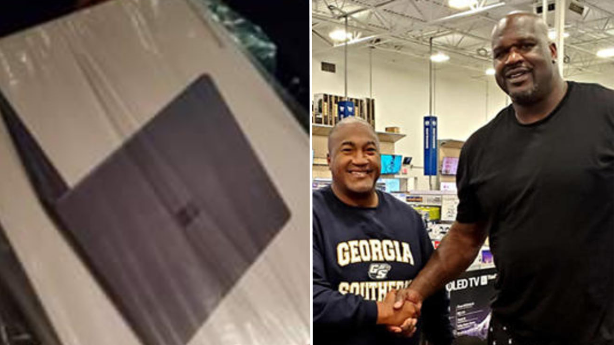 a new laptop and a man shaking hands with Shaquille O'Neal