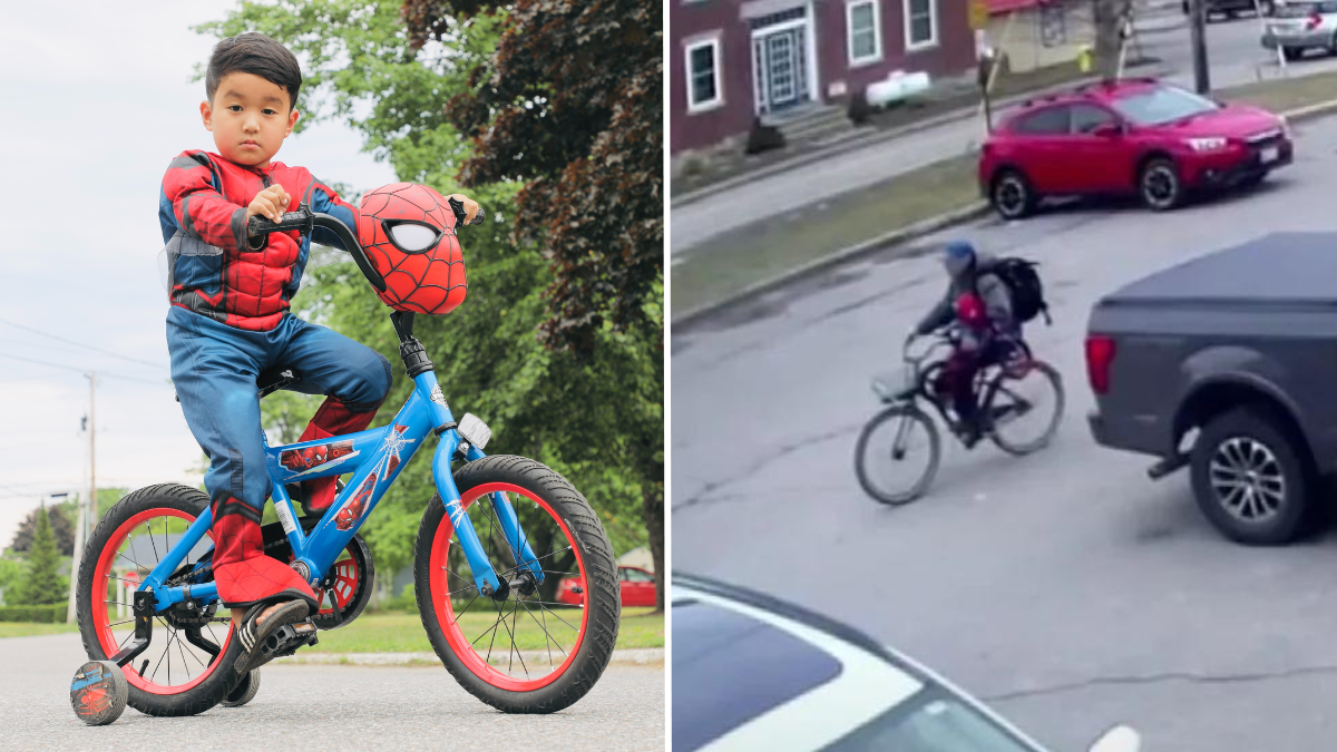 little boy sitting on a spiderman bike and cctv footage of a man cycling