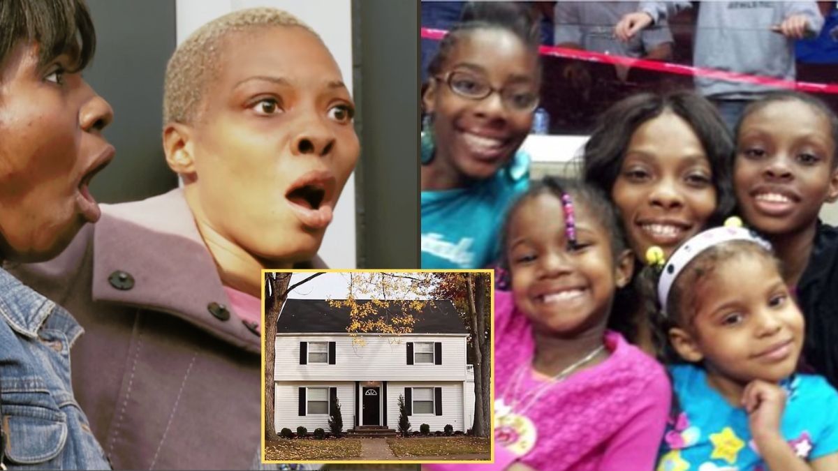woman looking shocked and a woman with 4 kids. a white house (inset)