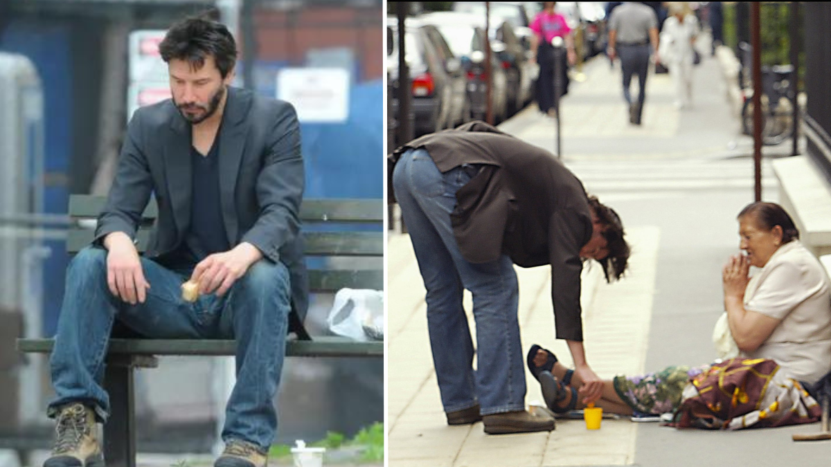 Keanu Reeves sitting on a bench and Keanu Reeves giving money to a homeless person