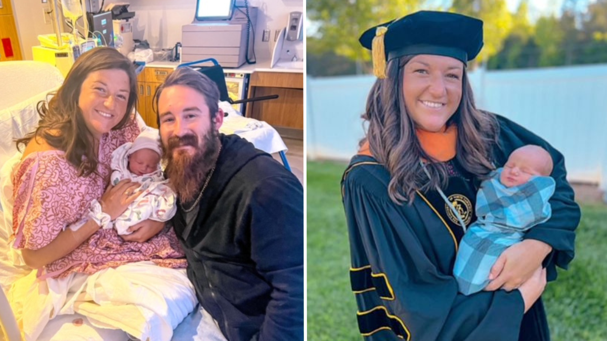 mom and dad holding newborn baby in a hospital room and a woman wearing graduation robes and holding a baby