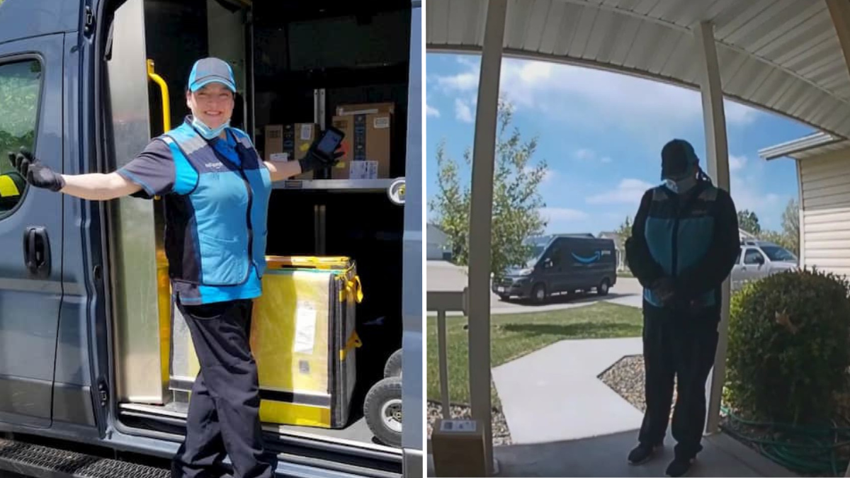 Amazon delivery driver praying outside a home