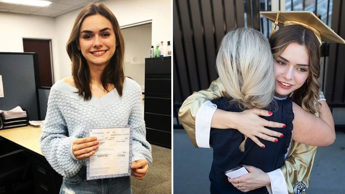 teen holding a piece of paper and a graduate hugging a woman
