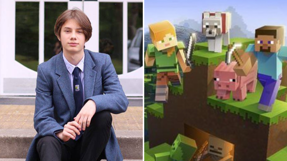 teen boy sitting on steps and Minecraft