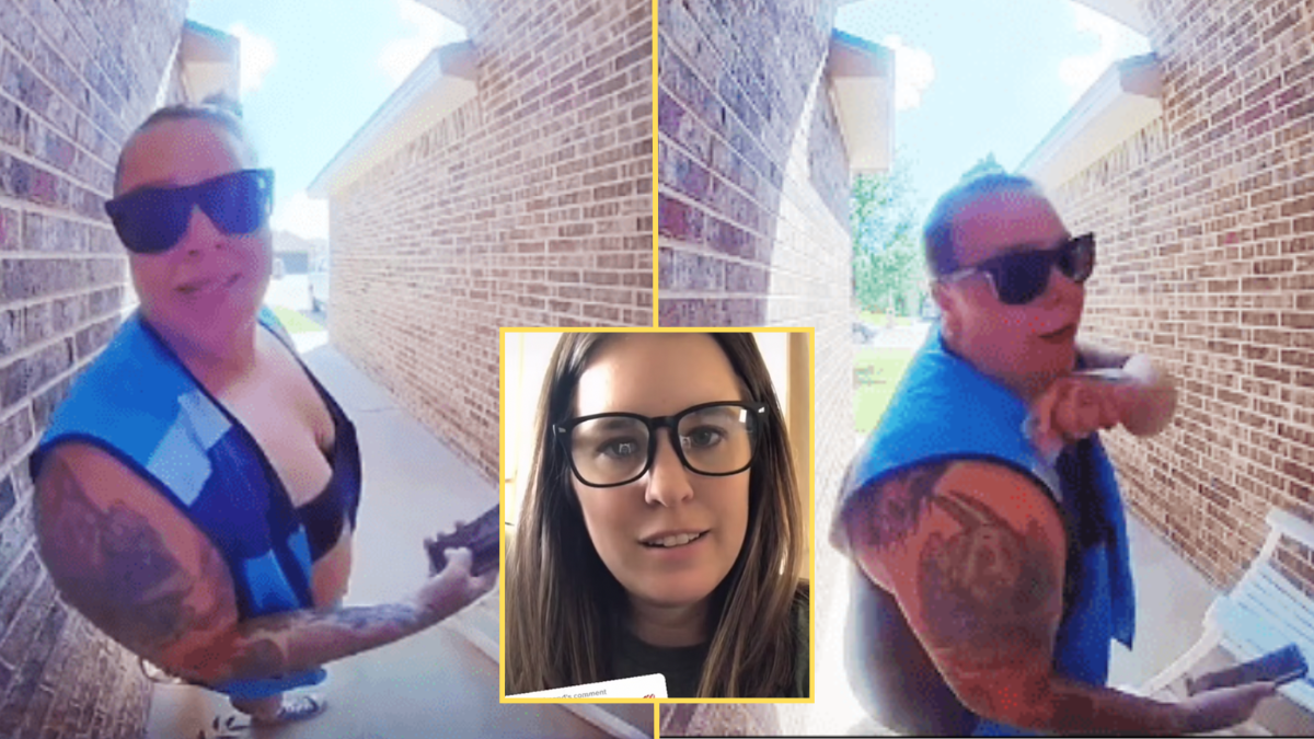 an Amazon delivery driver and a woman wearing glasses
