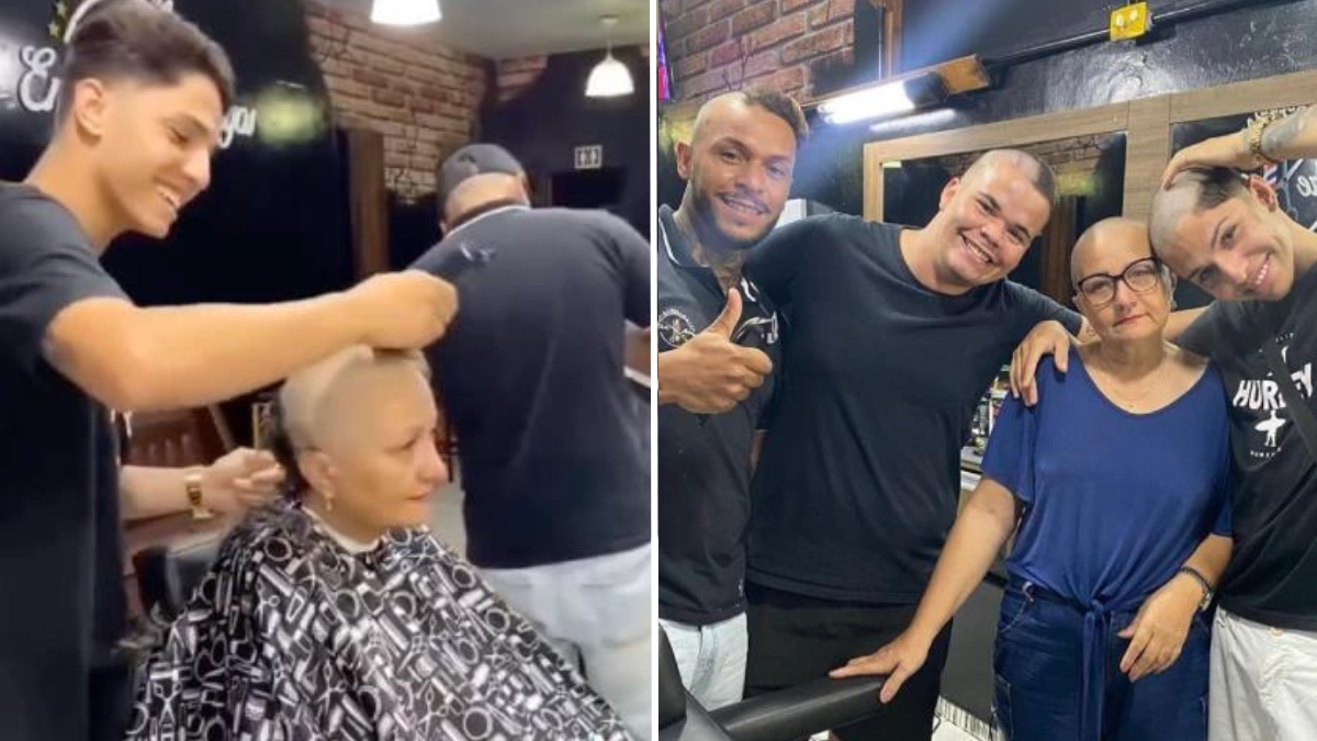 barber shaving a customer's head and three men and a woman