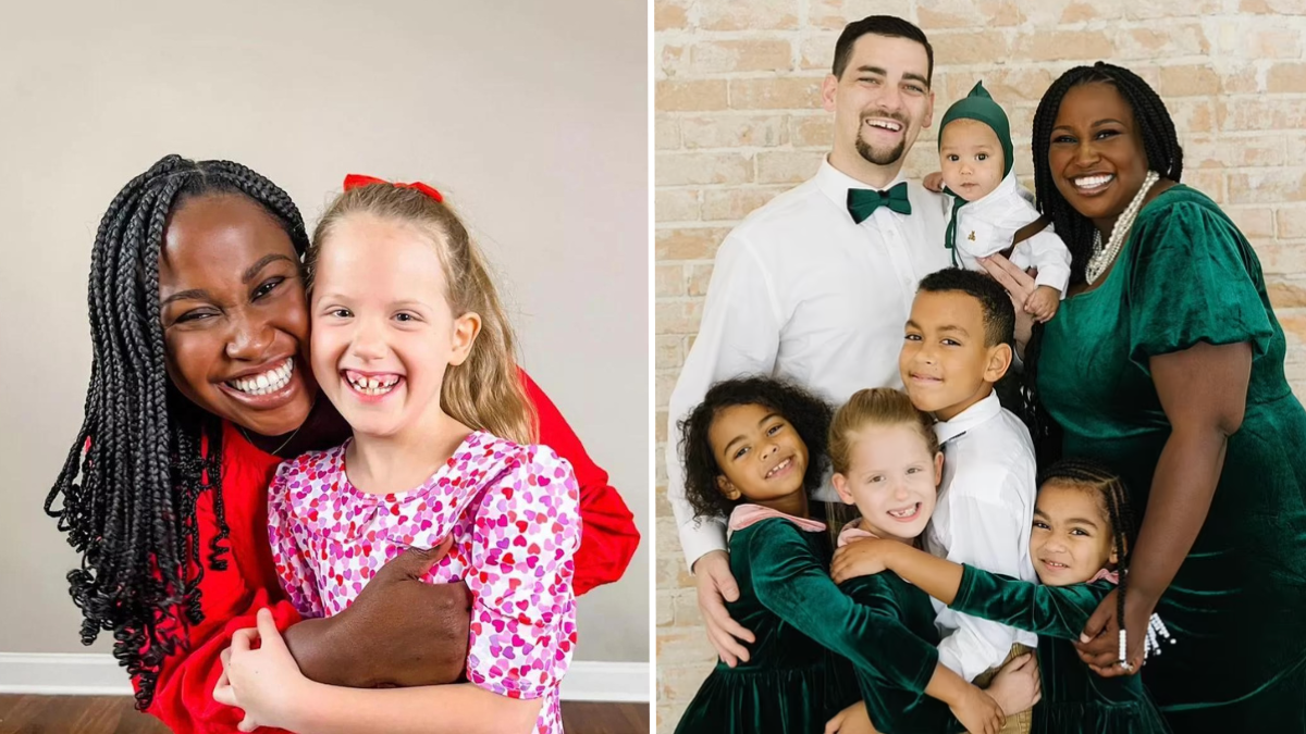 Black woman hugging white daughter and a interracial couple with five kids