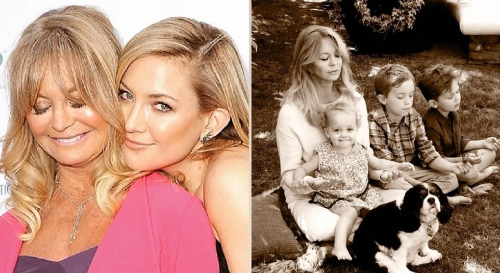 Goldie Hawn posing with three of her children and daughter Kate Hudson.