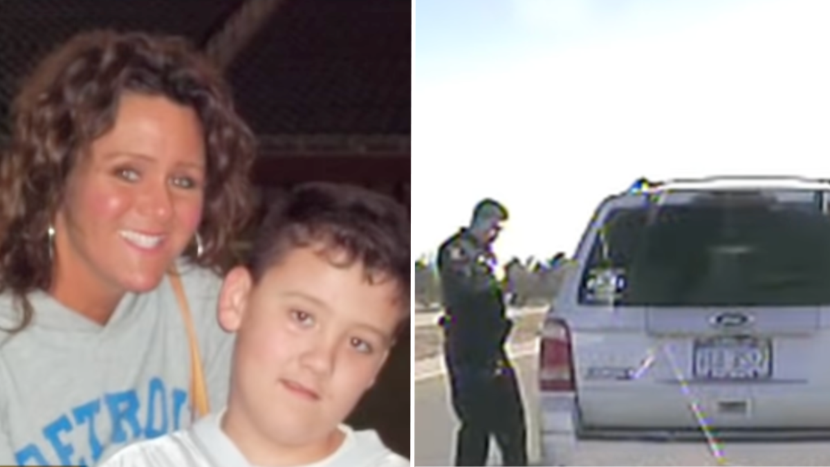 mom and her young son and a police officer pulling over a car