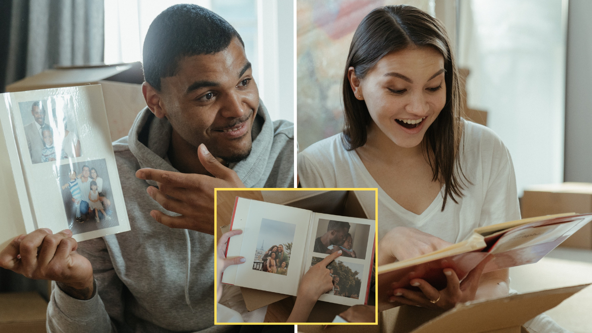 a couple looking at a photo album and a photo album (inset)