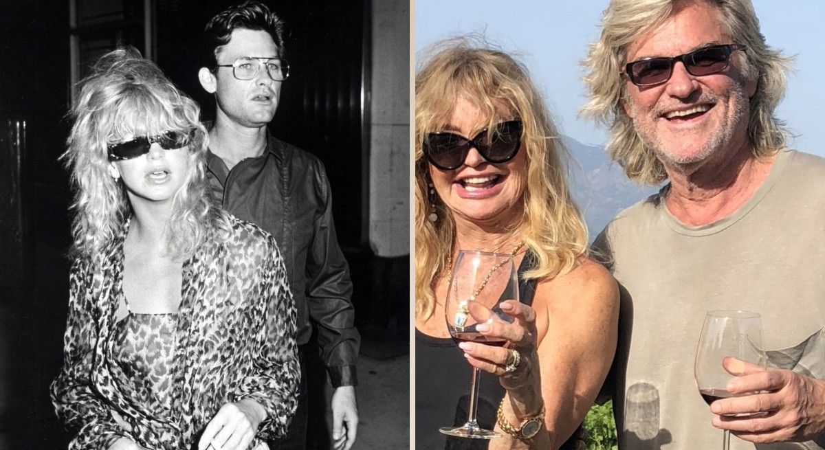 Goldie Hawn and Kurt Russell cheering at the camera after 40 years together.