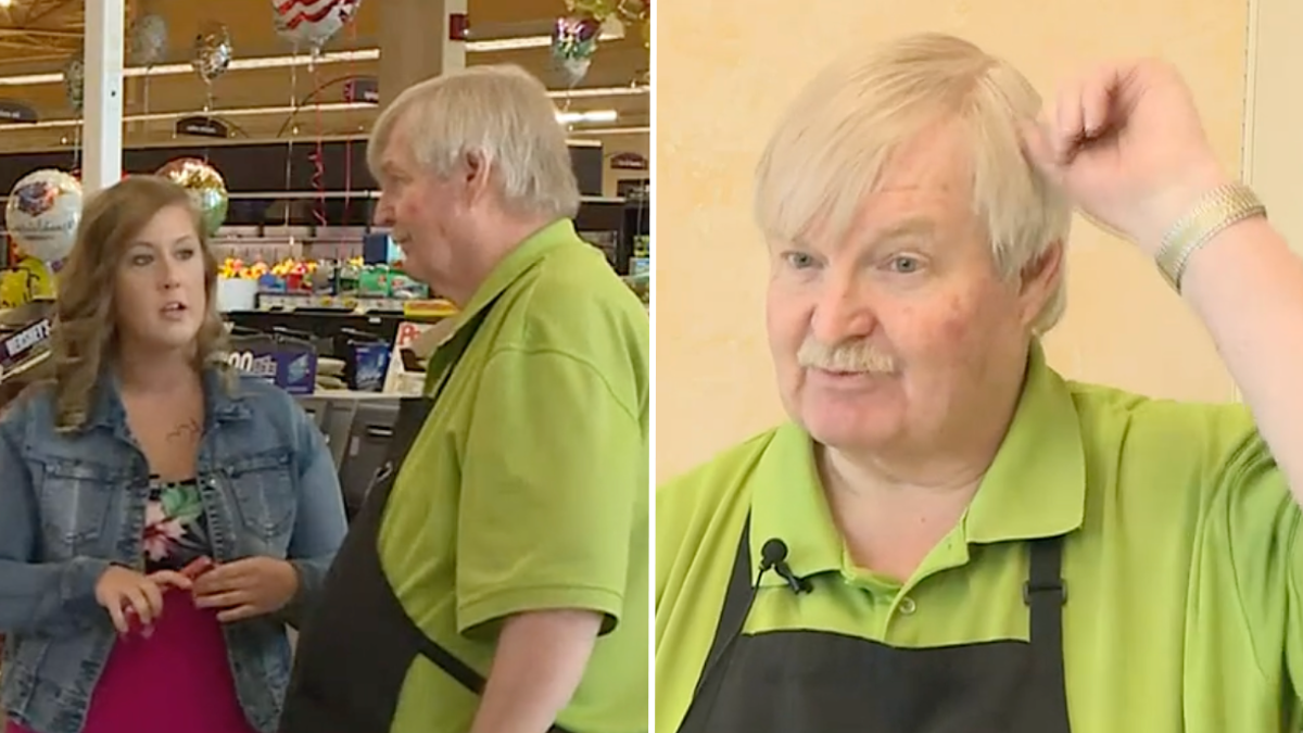 woman talking to a grocery store worker and a man wearing a lime green shirt