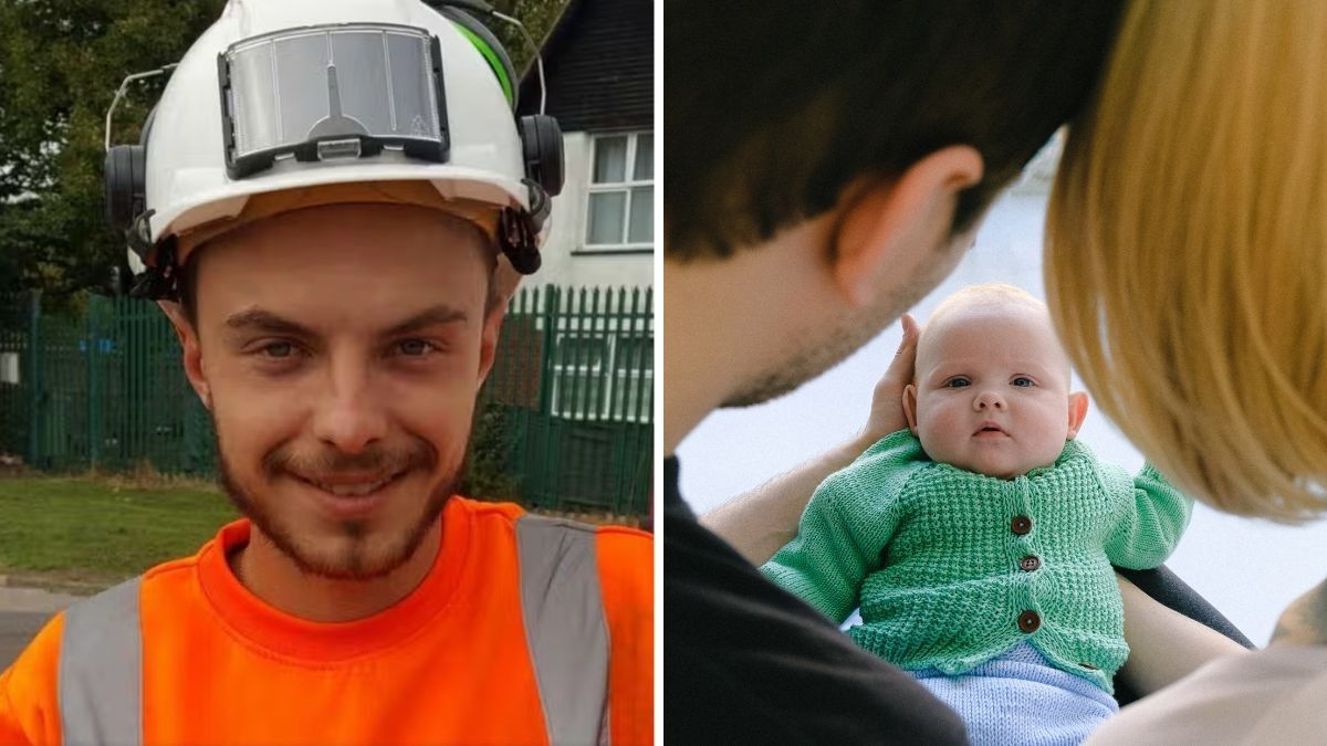 man wearing an orang t-shirt and a hard hat and parents holding a baby