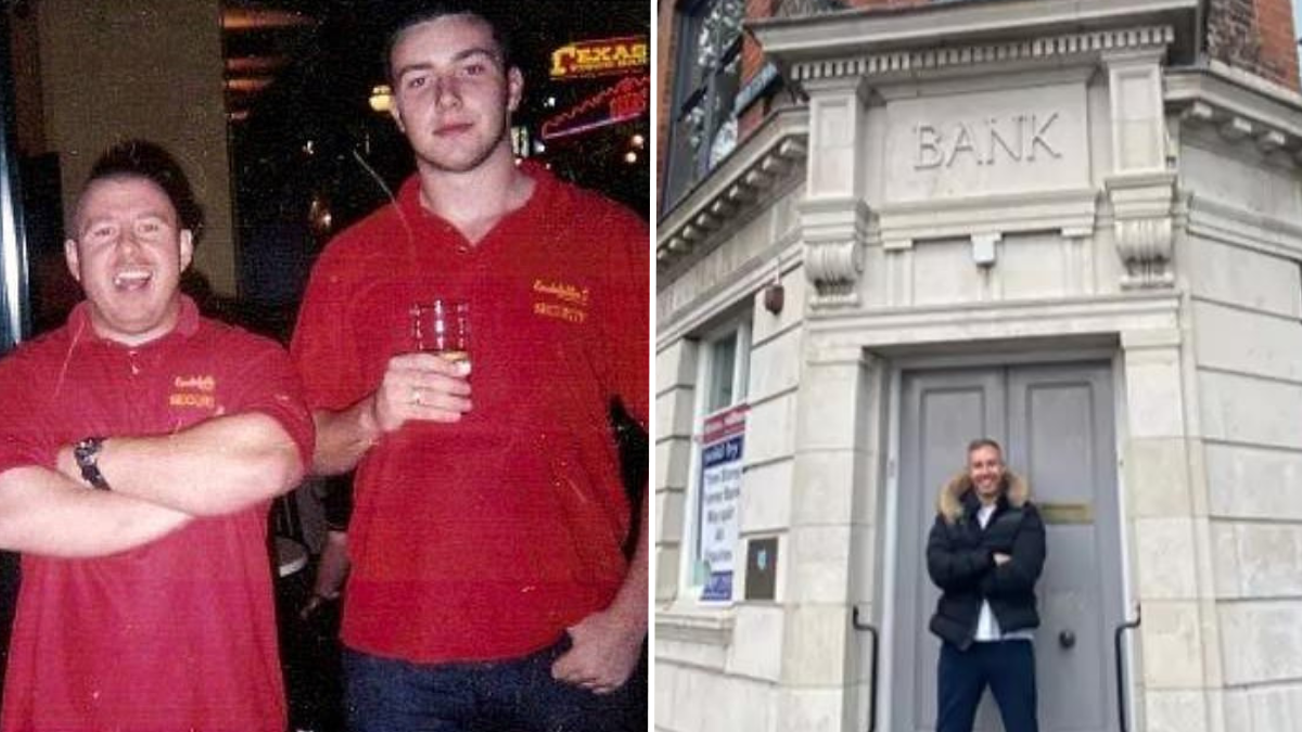 two men wearing red shirts and a man standing outside a bank