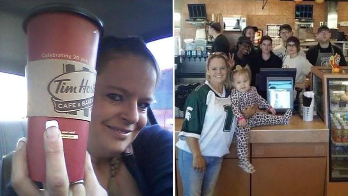 woman holding a Tim Hortons coffee cup and a woman and her child standing in a Tim Hortons