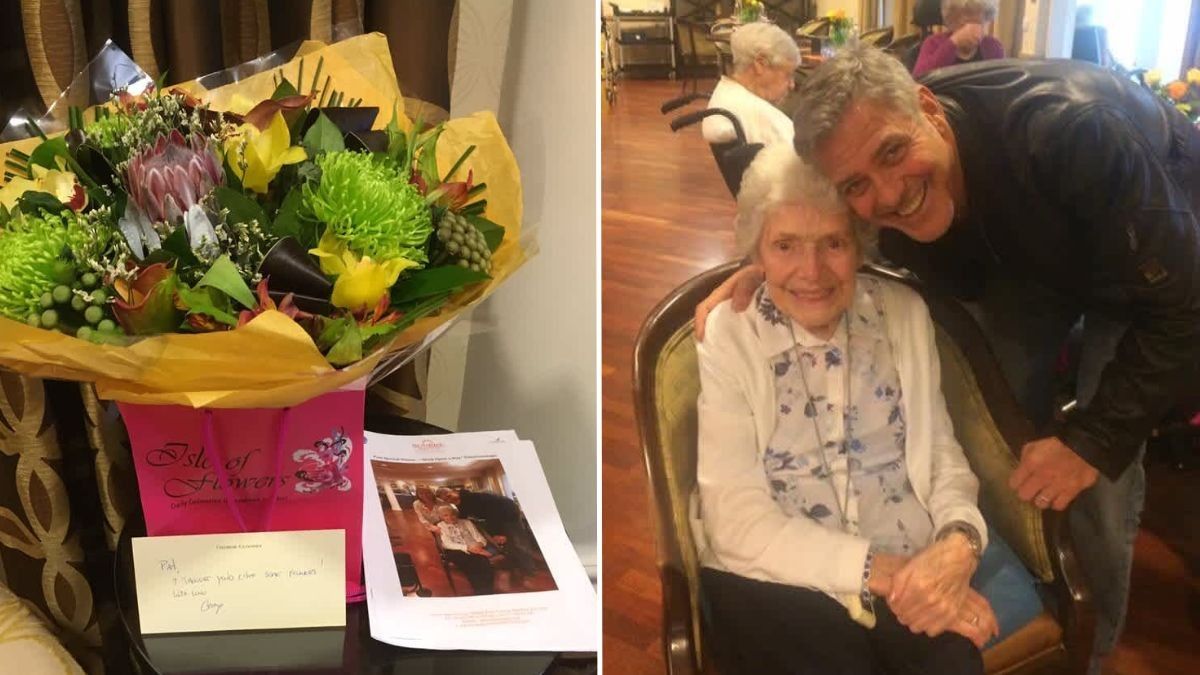 a bouquet of flowers and a letter and a man taking a picture with an elderly woman