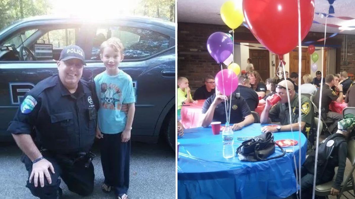 a police officer with a little boy and a birthday party