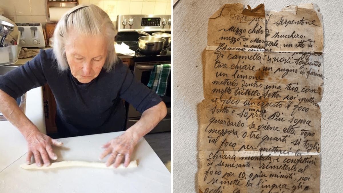 an elderly woman and a handwritten recipe