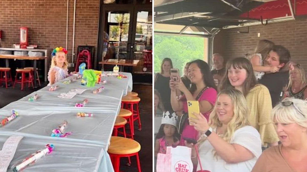 little girl sitting alone at an empty table and strangers celebrating at a party