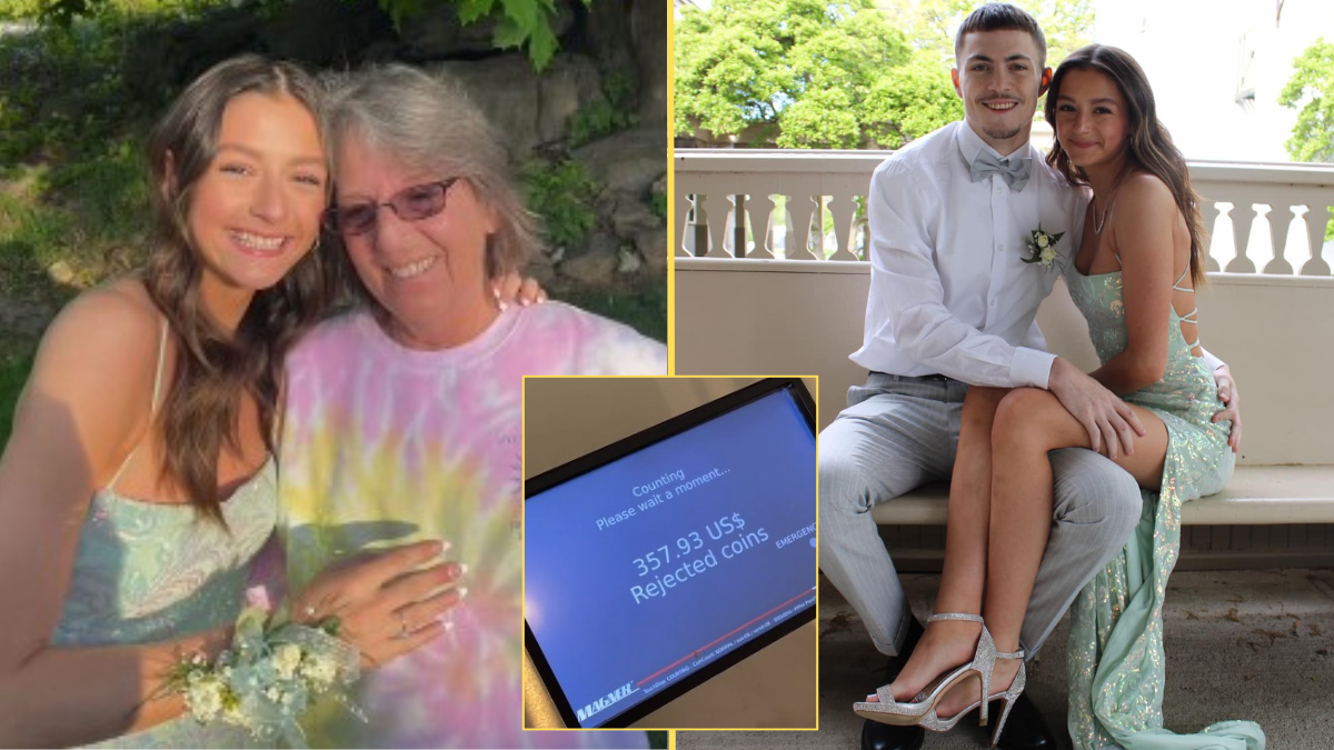 teen girl with her grandmother and her prom date. Screenshot of money saved (inset)