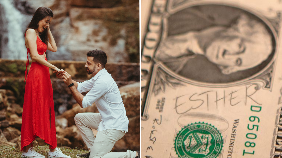 man on one knee, proposing to a woman and a dollar bill with the name "esther" on it