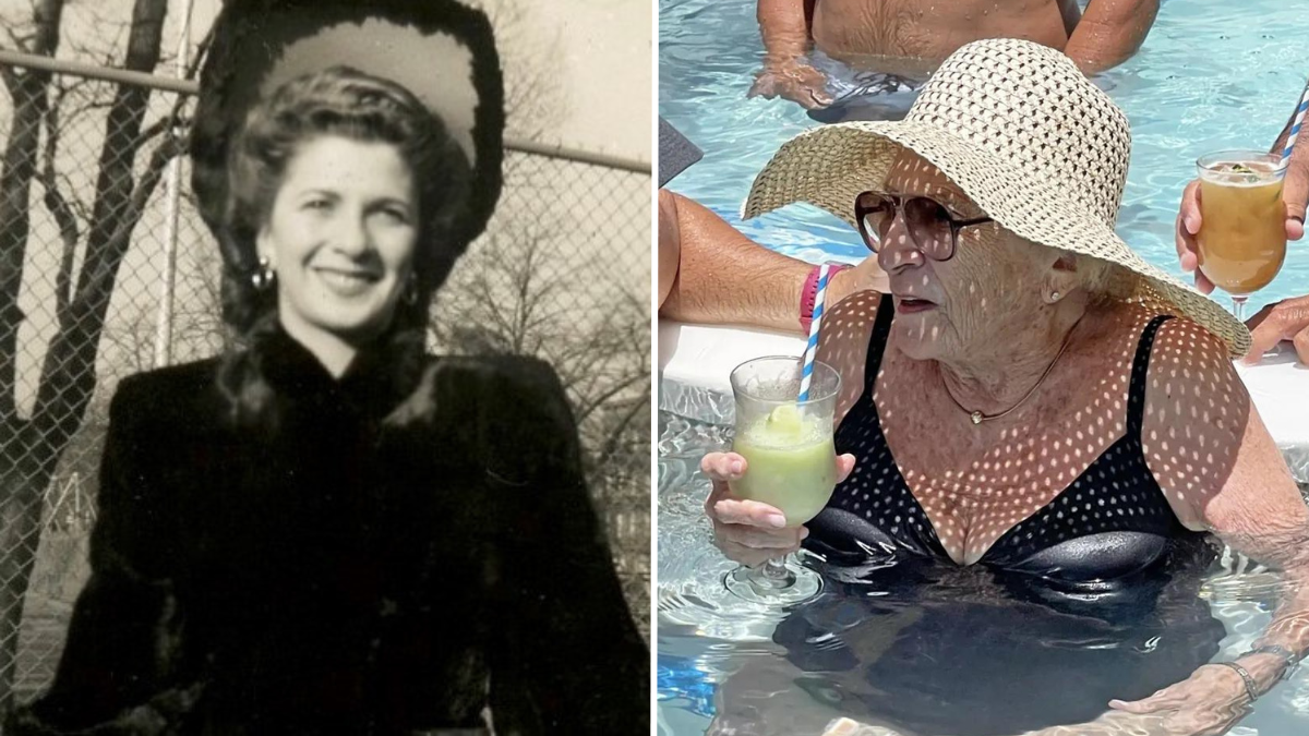 black and white photo of a young woman and an elderly woman in the pool