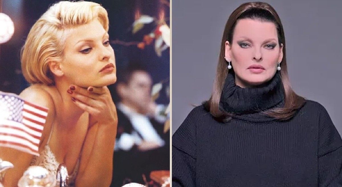 Linda Evangelista now and when she was younger sitting in front of American flag.