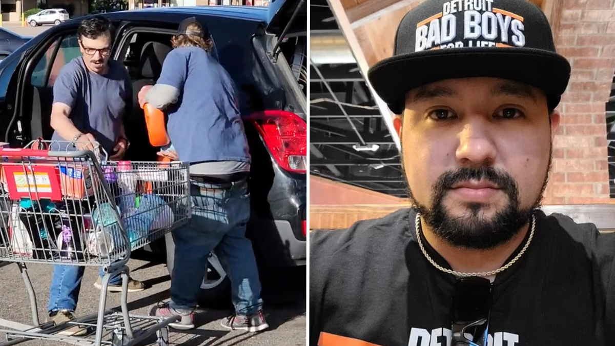 men unloading items from a shopping cart and a man wearing a black cap