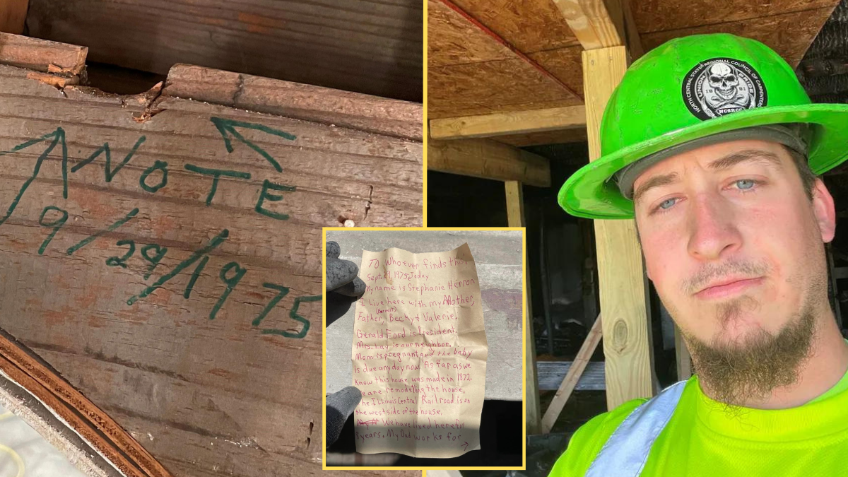 a hole in the wall, carpenter with a green hard hat and a person holding a note
