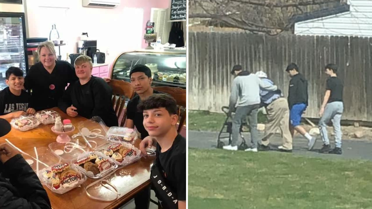 teen boys sitting around a table and teen boys helping an elderly man