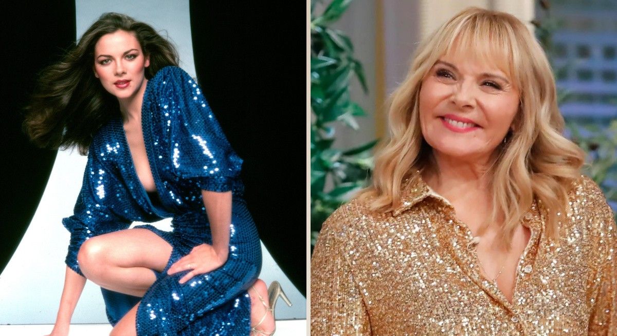 Kim Cattrall today next to a picture of her as a young woman in blue dress.