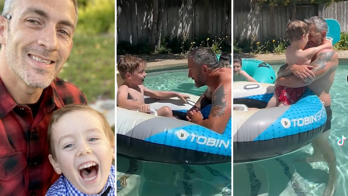 man and his son playing in the pool