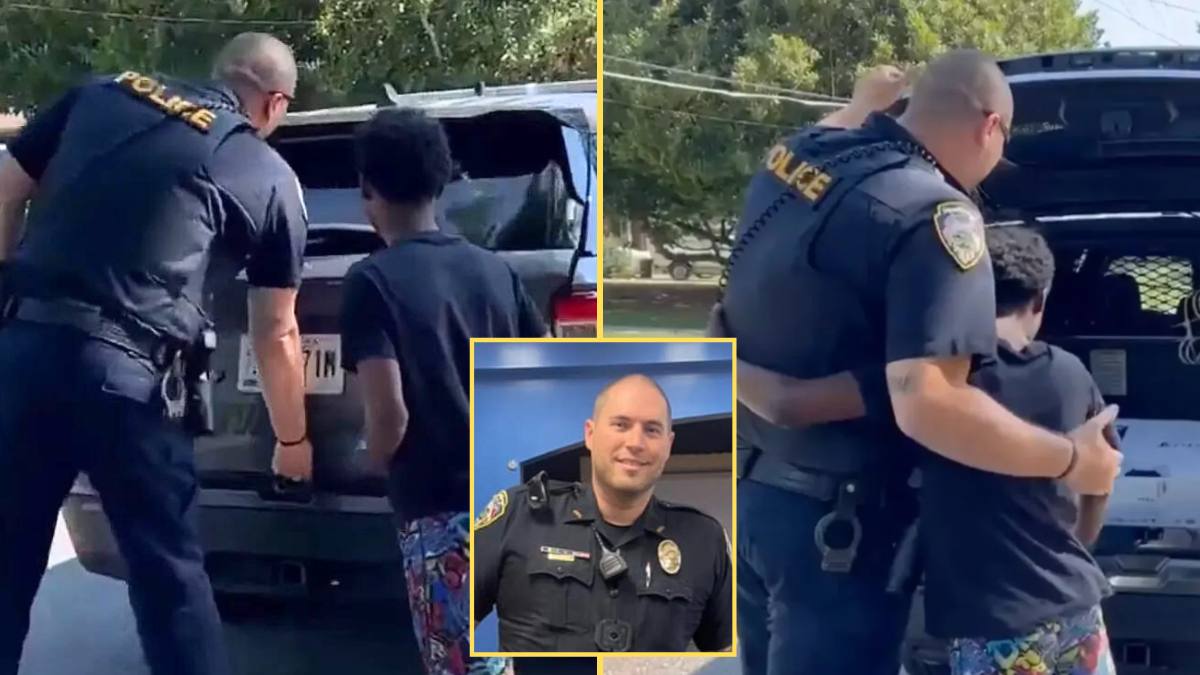 police officer opening the trunk of his car and hugging a teen boy