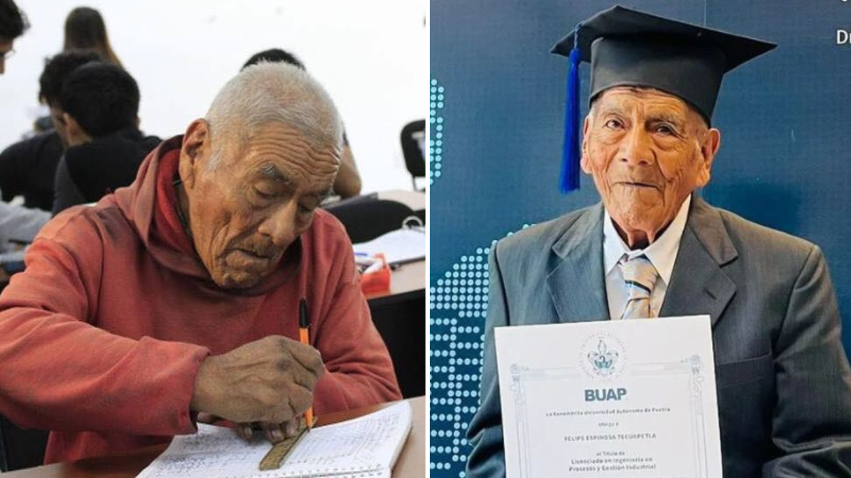 elderly man writing in a notebook and an elderly man wearing a graduation cap and holding a degree
