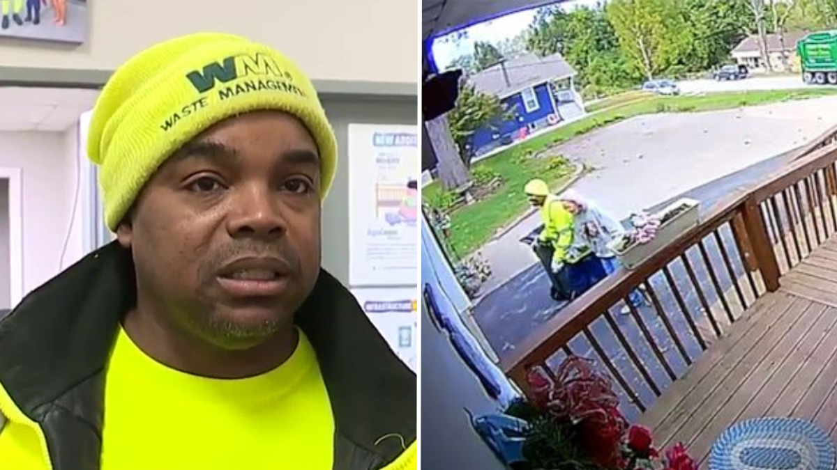 sanitation worker and security camera footage of an elderly woman and a sanitation worker