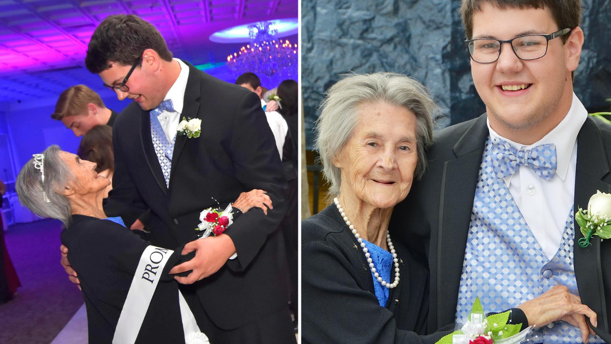 teen dancing with his grandmother wearing formal attire