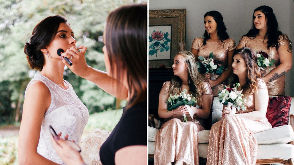 woman putting makeup on a bride and four bridesmaids
