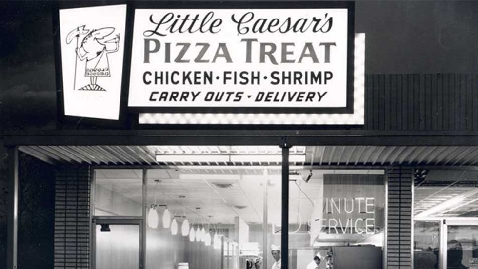black and white photo of Little Caesars' exterior